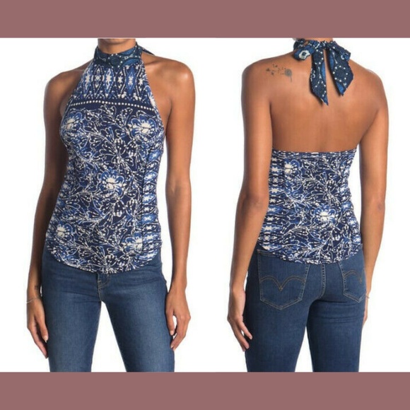 NWT Free People [SZ Large ] Madagascar Halter Tank Top‎ in Indigo Blue - Picture 1 of 12